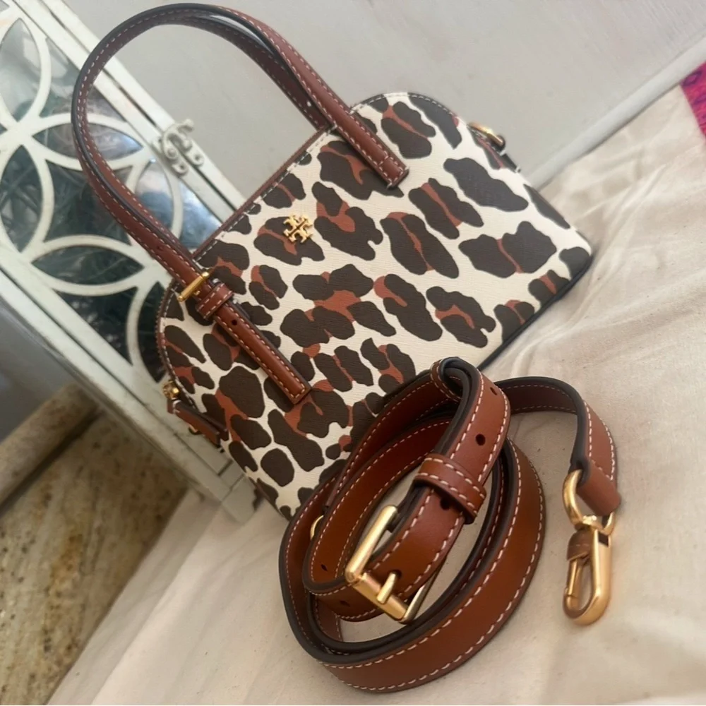 New Tory Burch EMERSON PRINTED DOME SATCHEL BEIGE REVA LEOPARD